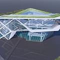 Modern Sales Office Building With Glass Curtain Wall And Geometric Structure Reflection On Water Surface 3d model