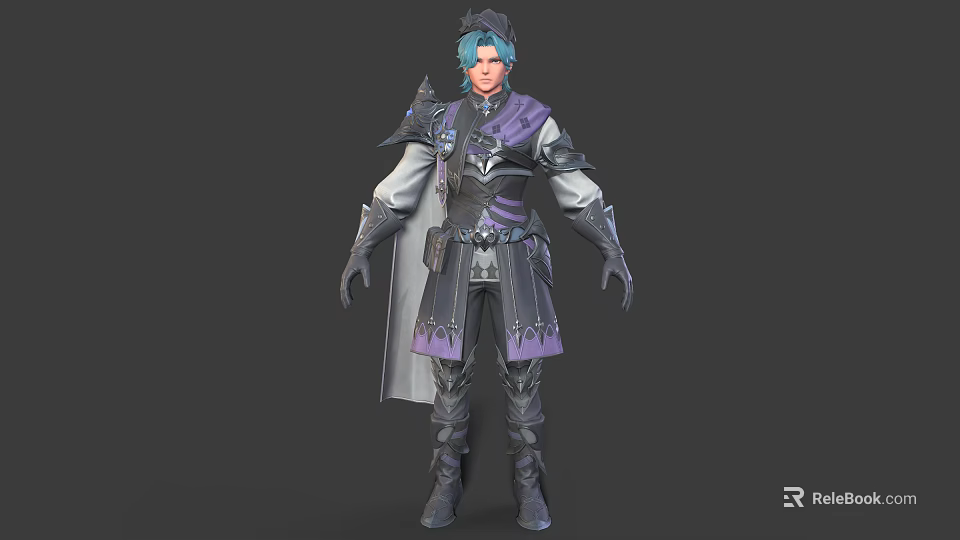 Detailed 3D Male Fantasy Character With Blue Hair and Purple Gray Ornate Armor 3d model 