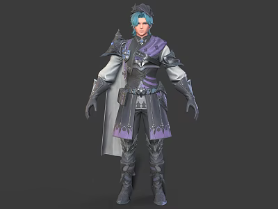 Detailed 3D Male Fantasy Character With Blue Hair and Purple Gray Ornate Armor 3d model