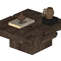 Wooden Coffee Table with Book Clay Pot Small Cups and Decorative Ornament on Black Base