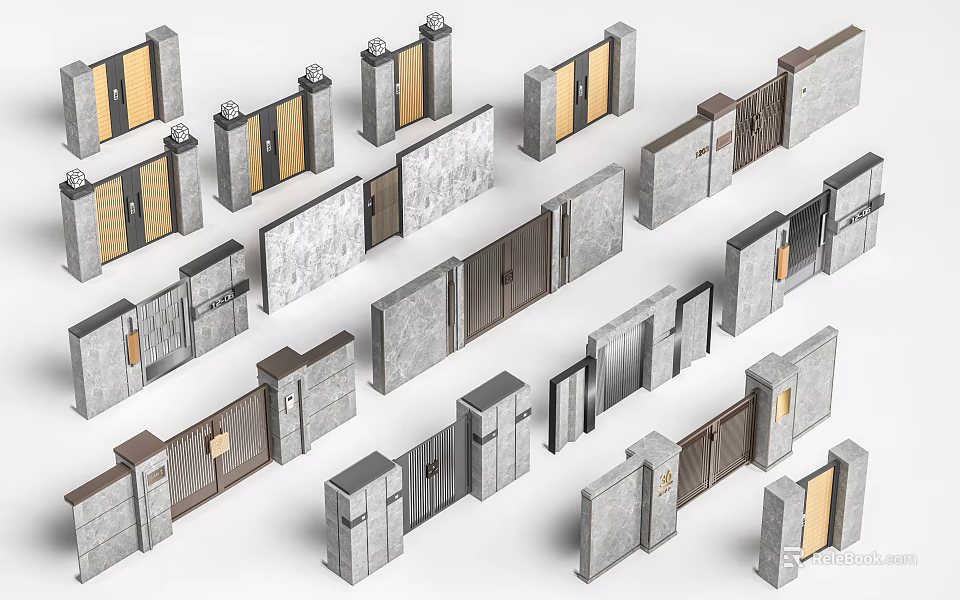 Various Modern Entrance Gates With Stone And Wooden Panels And Decorative Pillars 3d model 