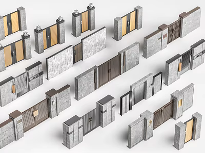Various Modern Entrance Gates With Stone And Wooden Panels And Decorative Pillars 3d model