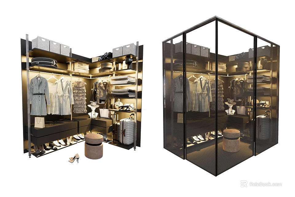 Modern Wardrobe Interior With Glass Doors Open Storage Shelves Hanging Rails Clothes Shoes Bags 3d model 