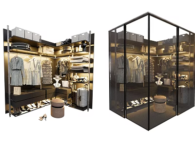 Modern Wardrobe Interior With Glass Doors Open Storage Shelves Hanging Rails Clothes Shoes Bags 3d model