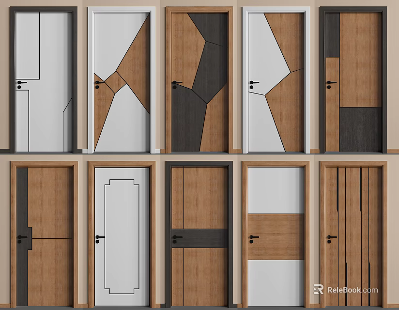 Modern Hinged Doors With Various Geometric Patterns Wooden And White Styles 3d model