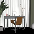 Modern Dressing Table Interior with Round Mirror Brown Chair and Green Plants