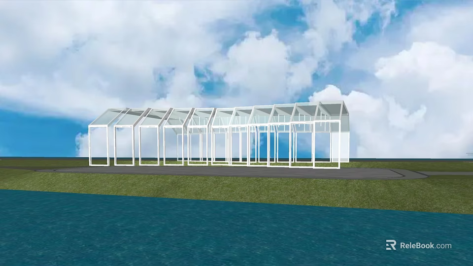 White Framed Glass Sunroom With Green Grass Waterfront And Cloudy Sky 3d model 