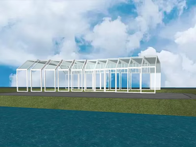 White Framed Glass Sunroom With Green Grass Waterfront And Cloudy Sky 3d model