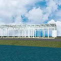White Framed Glass Sunroom With Green Grass Waterfront And Cloudy Sky