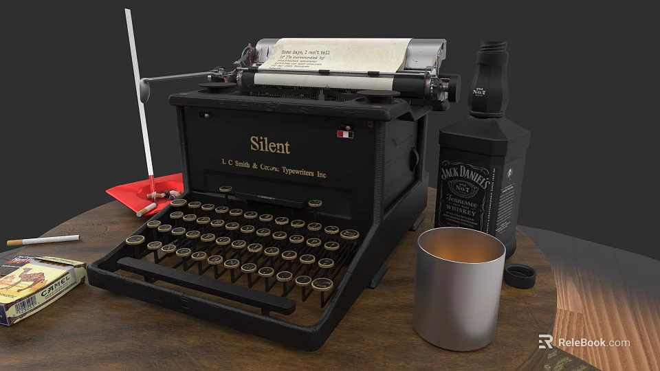 Vintage Silent Typewriter With Jack Daniels Bottle And Metal Cup On Wooden Table 3d model 