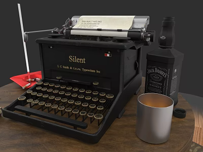 Vintage Silent Typewriter With Jack Daniels Bottle And Metal Cup On Wooden Table 3d model