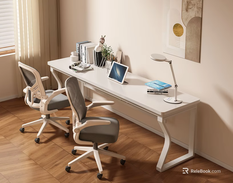 Modern White Desk with Two Ergonomic Chairs Laptop Desk Lamp Books and Potted Plant 3d model 