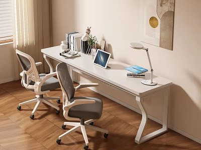 Modern White Desk with Two Ergonomic Chairs Laptop Desk Lamp Books and Potted Plant 3d model