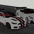 White And Silver Sports Cars With Black Red Stripes And Rear Spoilers On Road