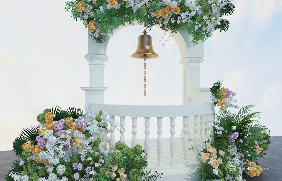 Scenic Photo Spot With White Arch Brass Bell Colorful Flowers Green Plants And White Balustrade 3d model 