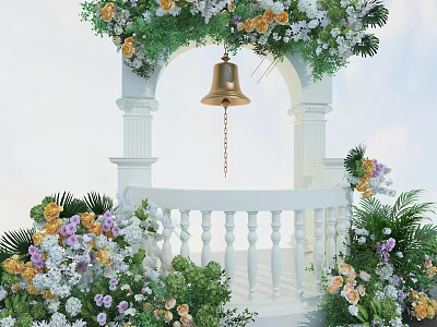 Scenic Photo Spot With White Arch Brass Bell Colorful Flowers Green Plants And White Balustrade 3d model