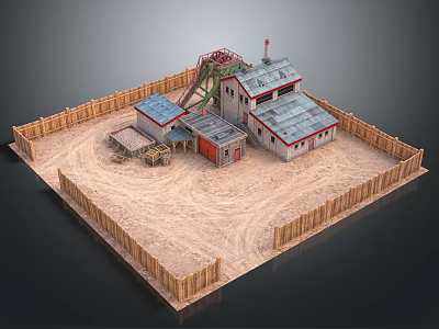 3D Model Scene of Wooden Fenced Sandy Area With Buildings And Mechanical Structure 3d model
