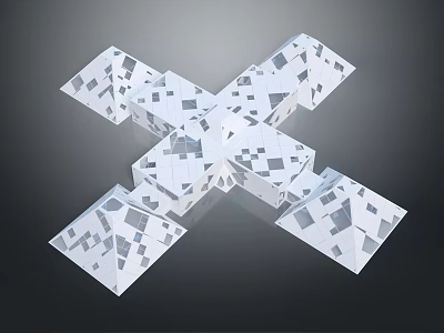 Cartoon Scene With White X Shaped Cubes Featuring Gray Square Patterns On Dark Background 3d model