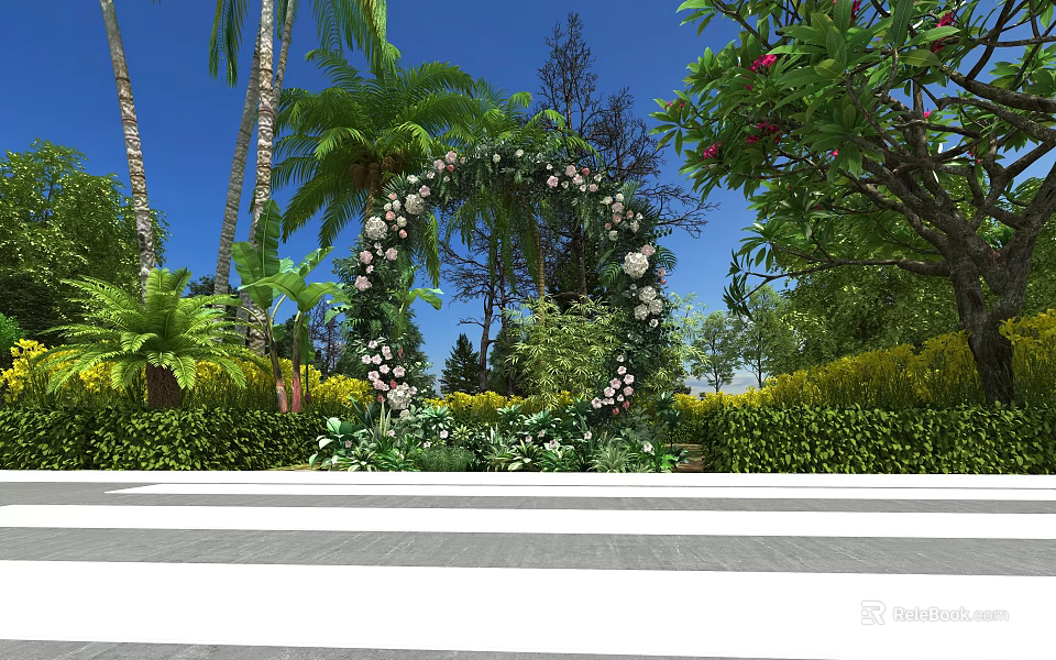 Outdoor Garden With Flower Arch White Flowers Palm Trees And Lush Greenery 3d model 