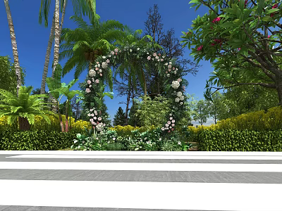 Outdoor Garden With Flower Arch White Flowers Palm Trees And Lush Greenery 3d model