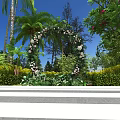 Outdoor Garden With Flower Arch White Flowers Palm Trees And Lush Greenery