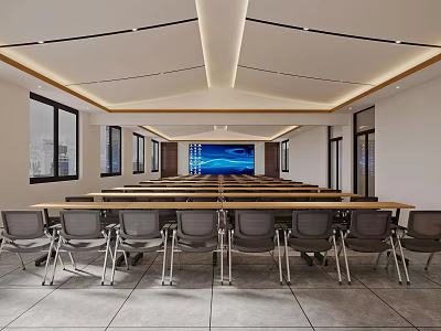 Modern Conference Room Interior With Long Tables Chairs Large Screen And Ceiling Lighting 3d model