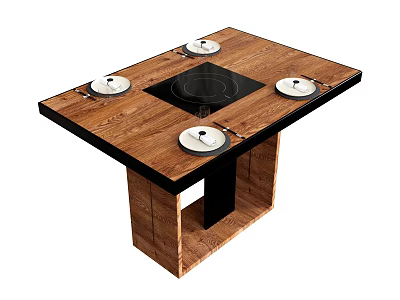 Modern Wooden Dining Table With Central Black Cooktop And Four White Plates 3d model