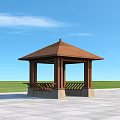 Garden Gazebo With Brown Roof And Benches On Square Paved Floor Against Green Grass