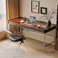 Minimalist Desk Interior with Laptop Open Book Coffee Cup Vase Chair and Bookshelf