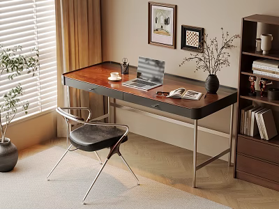 Quiet Ancient Style Desk and Chair Computer Desk and Chair Writing Desk Study Table Solid Wood Single Chair Computer Ornaments Combination Bookcase Potted Table Lamp Blinds