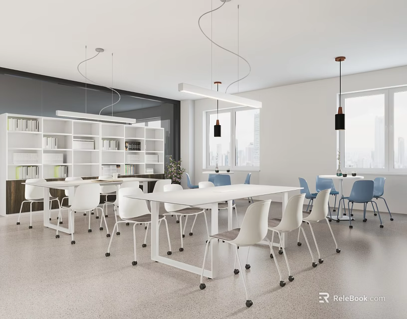 Book Art Interior Design With White Bookshelves Books Tables And Modern Chairs 3d model 