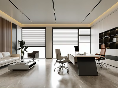 Modern Office Interior Design With Desk Ergonomic Chair Sofa Plants And Blind Windows 3d model