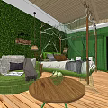 Hotel Guest Room With Green Plant Walls Wooden Flooring Hammock Bed And Round Coffee Table