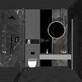 Modern Bathroom Interior With Black Marble Walls Round Mirror With Lighting And White Toilet