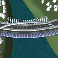 Modern Curved Bridge Design With River Green Grass And Trees Landscape
