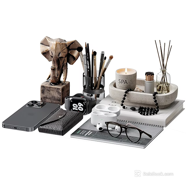 Stylish Decorative Ornament Set With Elephant Figurine Aromatherapy Diffuser Scented Candle Brush Pens And Notebook 3d model 