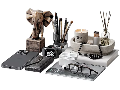 Stylish Decorative Ornament Set With Elephant Figurine Aromatherapy Diffuser Scented Candle Brush Pens And Notebook 3d model