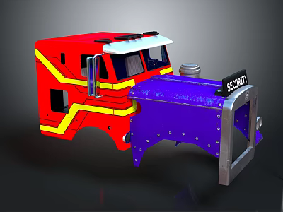Red And Blue Security Truck With Yellow Stripes And Front Plow Design 3d model