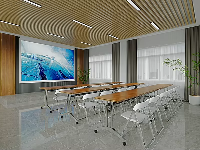 Modern Meeting Room with Large Screen Wooden Ceiling Long Tables and White Chairs 3d model