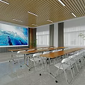 Modern Meeting Room with Large Screen Wooden Ceiling Long Tables and White Chairs