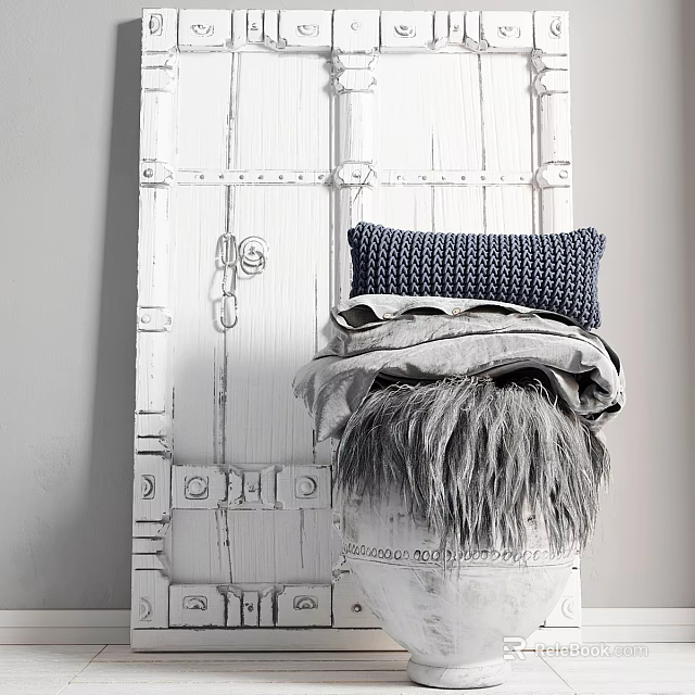 Decorative Ornament Combination With White Wooden Door Metal Buckles Hooks Gray Knitted Cushion Folded Blanket Fluffy Accent 3d model 