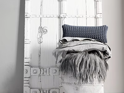 Decorative Ornament Combination With White Wooden Door Metal Buckles Hooks Gray Knitted Cushion Folded Blanket Fluffy Accent 3d model