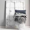 Decorative Ornament Combination With White Wooden Door Metal Buckles Hooks Gray Knitted Cushion Folded Blanket Fluffy Accent