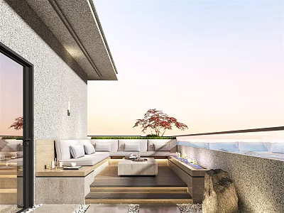Modern Villa Balcony With Outdoor Sofa Coffee Table Fire Pit And Sunset View 3d model