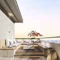 Modern Villa Balcony With Outdoor Sofa Coffee Table Fire Pit And Sunset View