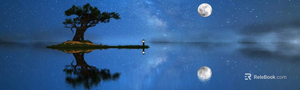 Magical Cartoon Scene With Starry Sky Full Moon Milky Way Lighthouse Reflection On Water 3d model 