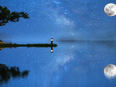 Magical Cartoon Scene With Starry Sky Full Moon Milky Way Lighthouse Reflection On Water 3d model