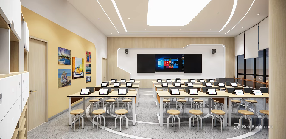 Modern School Classroom With Smartboard Display Student Laptops On Desks And Decorative Wall Art 3d model 