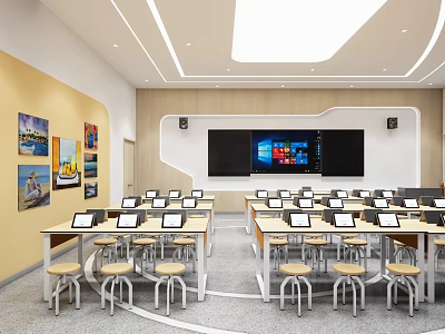 Modern School Classroom With Smartboard Display Student Laptops On Desks And Decorative Wall Art 3d model