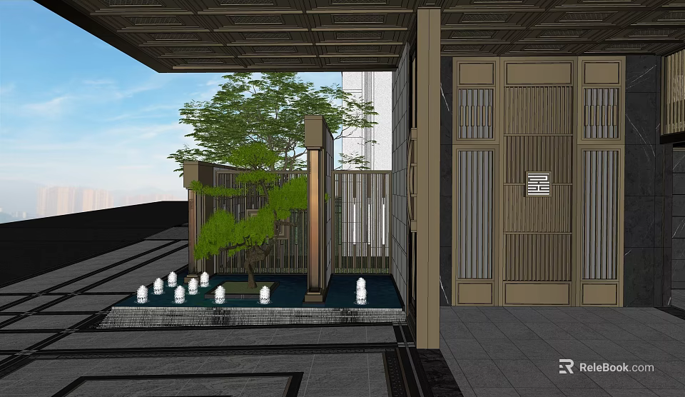 Traditional Garden Landscape Design With Courtyard Water Pool And Stone Lanterns 3d model 